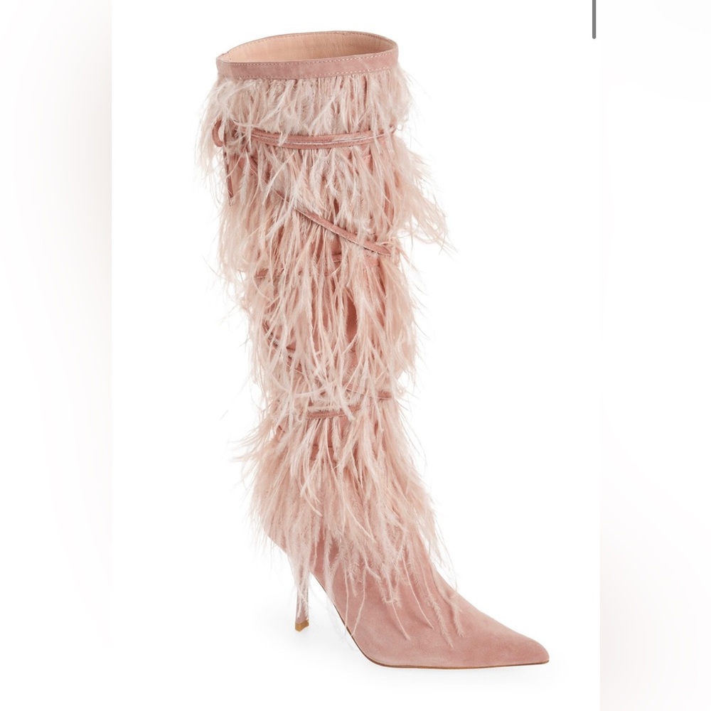 Jeffery Campbell Shake Ya pink feather & suede boots